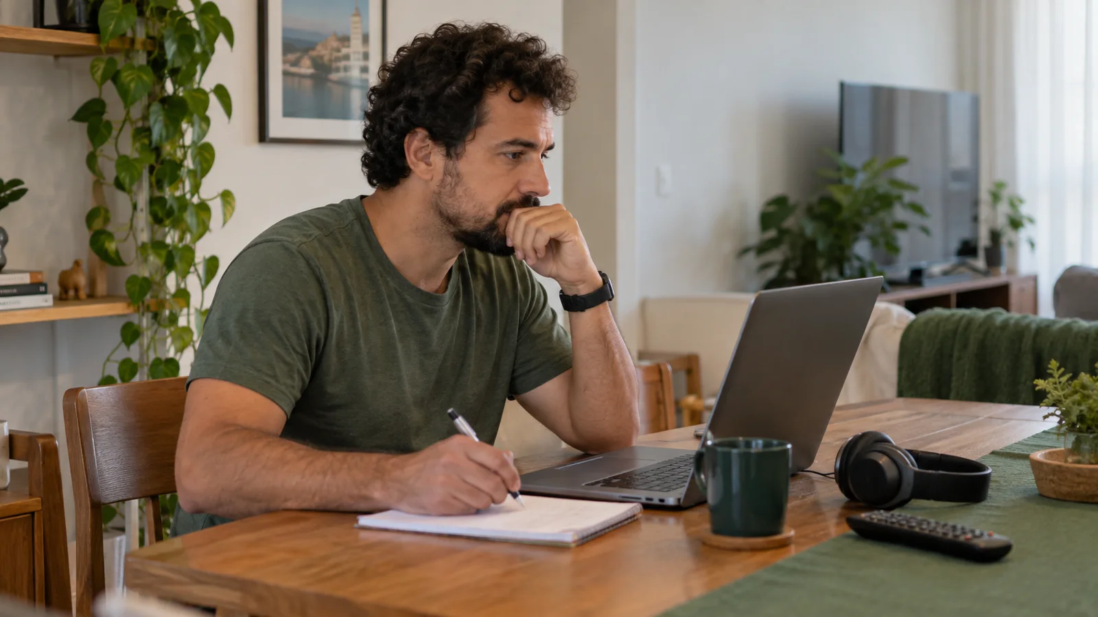 Homem revisando serviços no notebook e anotando despesas, com fones de ouvido e controle remoto sobre a mesa.