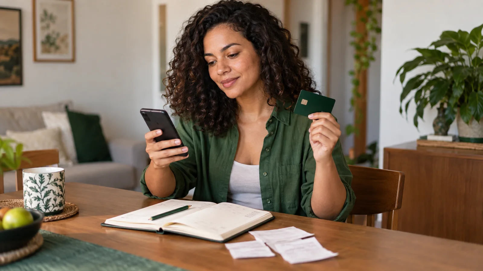 Mulher conferindo os gastos no celular com um cartão de crédito e um caderno de orçamento.