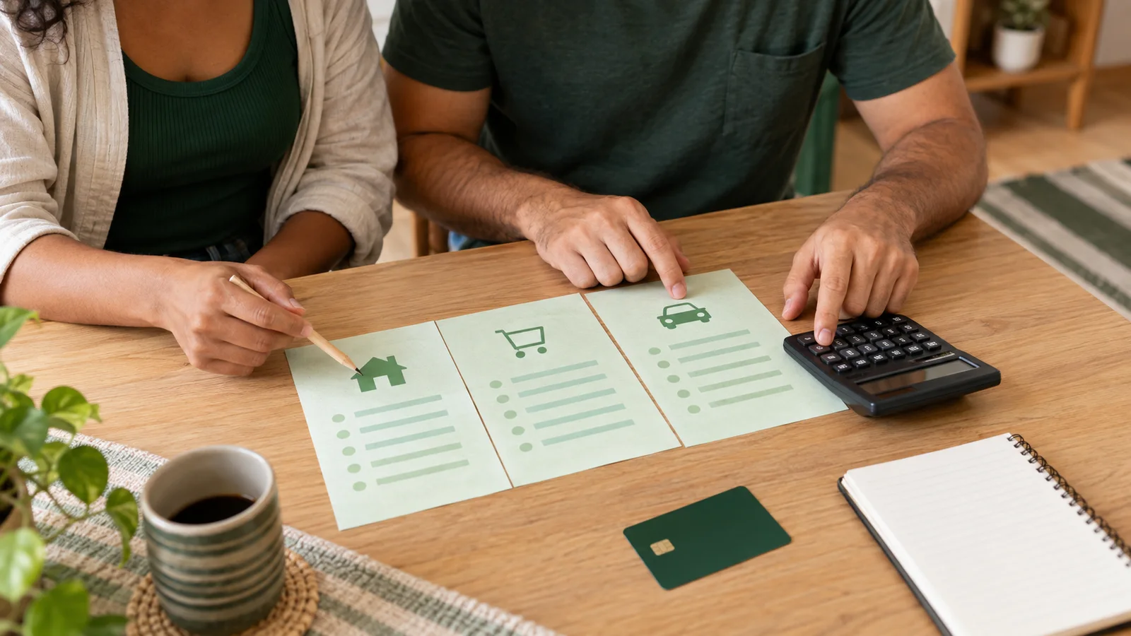 Casal organizando o orçamento por categorias com uma calculadora e um cartão sobre a mesa.