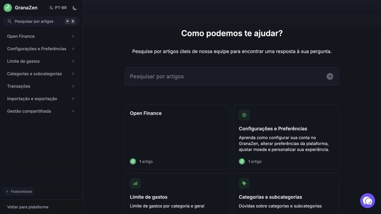 Central de ajuda do GranaZen com busca de artigos e categorias sobre Open Finance, transações e limites de gastos.