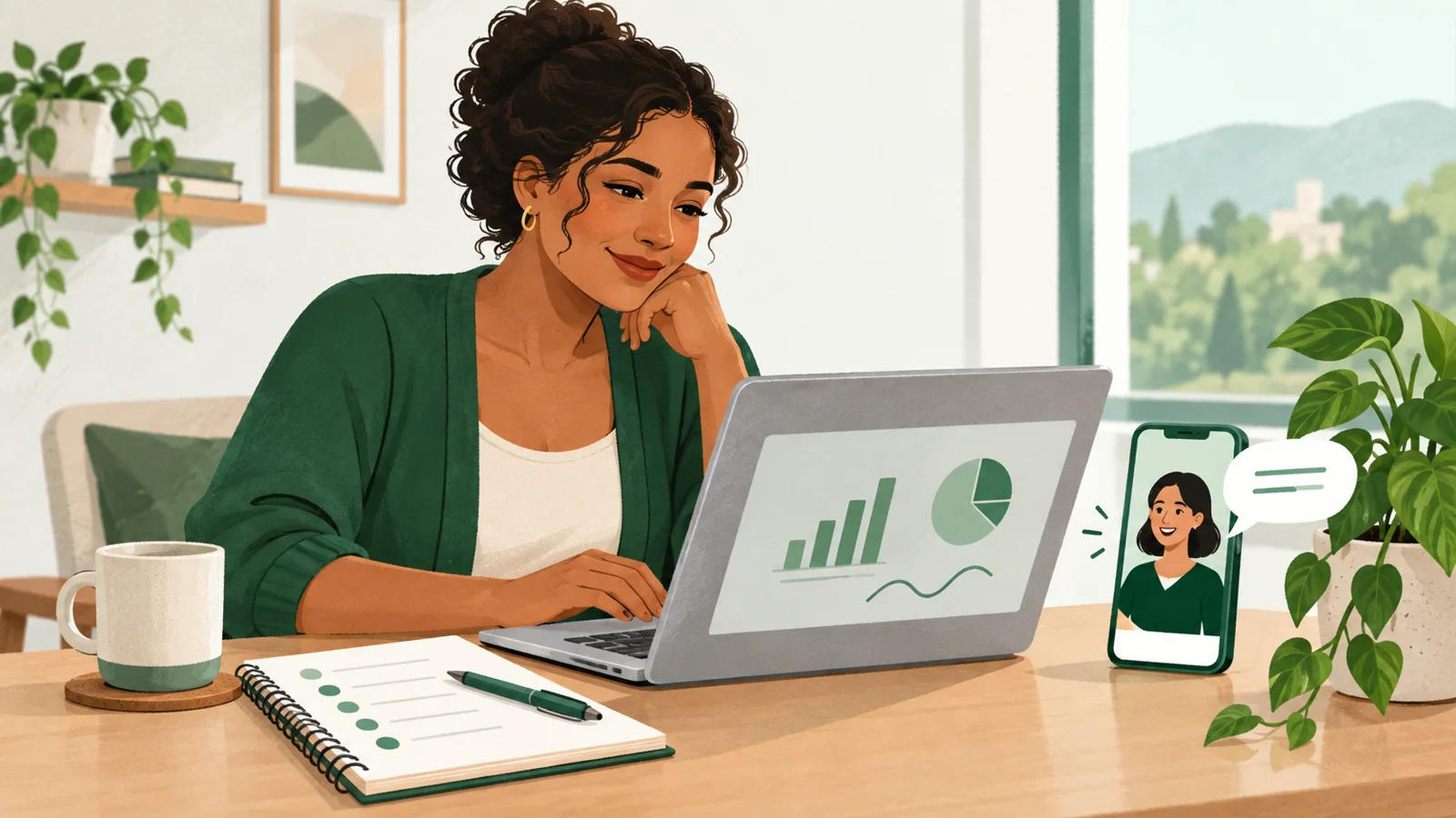 Ilustração de uma mulher organizando suas finanças no notebook, com um caderno de planejamento e atendimento humano representado no celular.