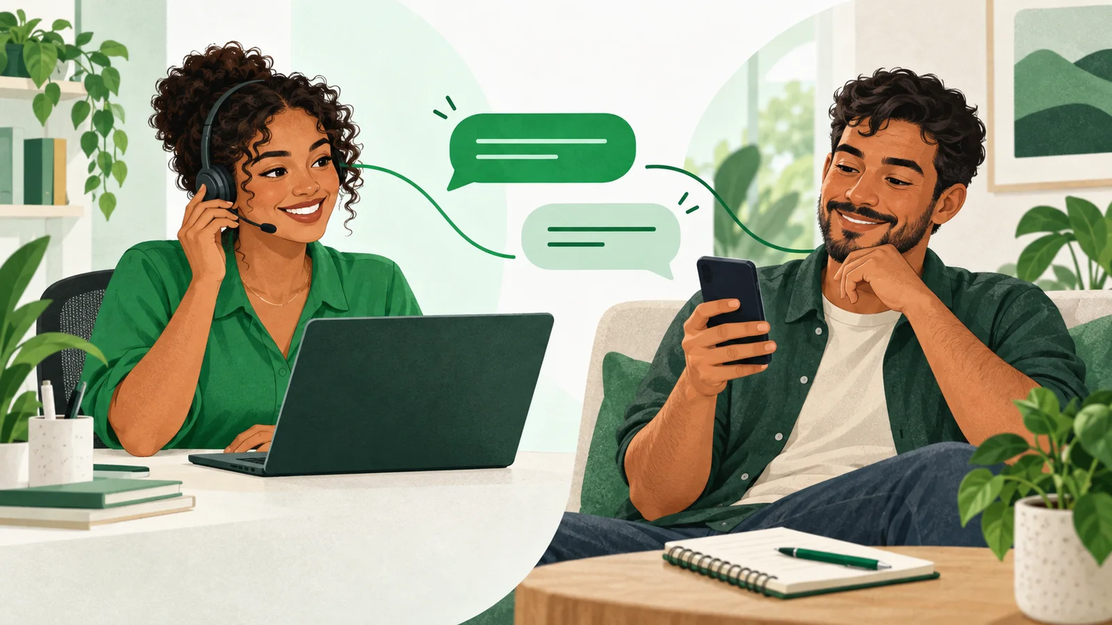 Ilustração de atendimento humano com uma atendente e um cliente conversando pelo celular.