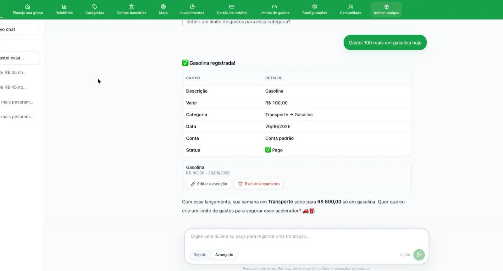 Registro de gasto com gasolina usando a inteligência artificial do GranaZen.