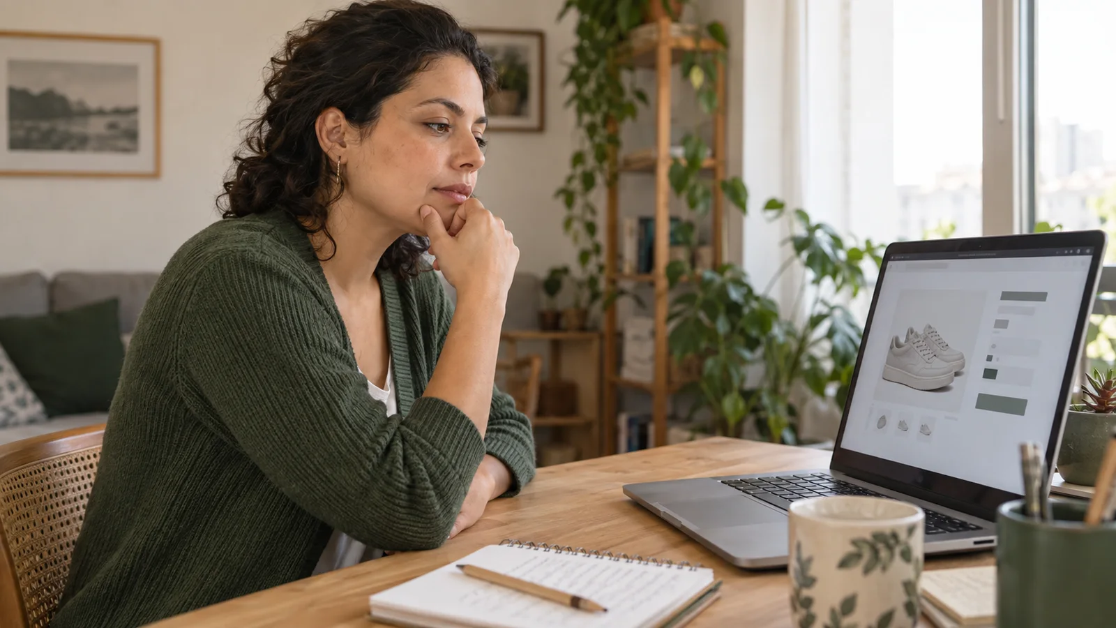 Mulher refletindo antes de comprar um par de tênis em uma loja online, com um caderno ao lado do notebook.