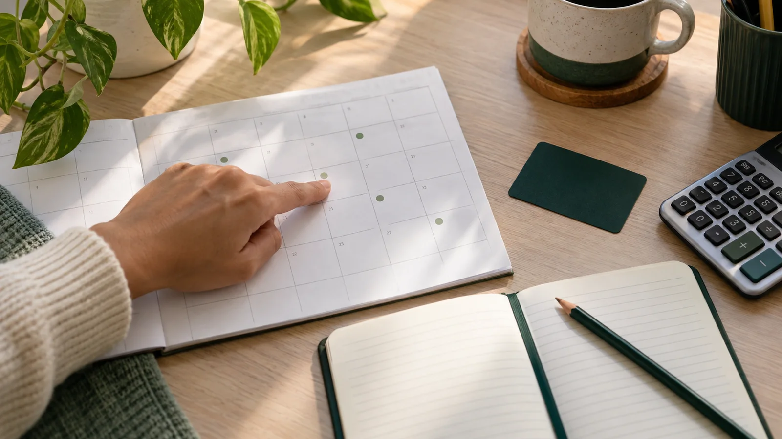 Mão apontando uma data em um calendário, ao lado de um cartão, uma calculadora e um caderno de planejamento.