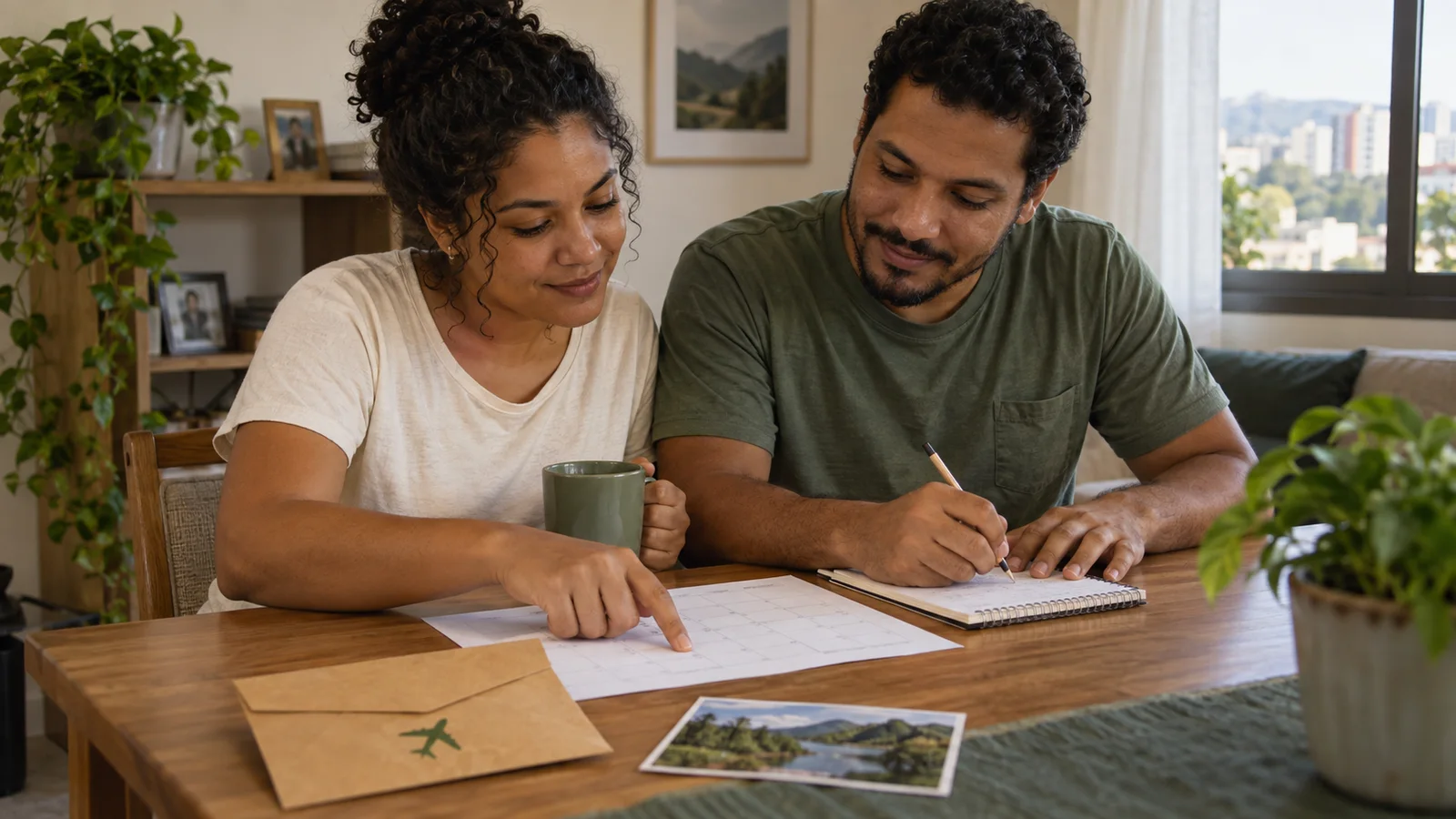 Casal planejando uma viagem com um calendário, um caderno e um envelope sobre a mesa.