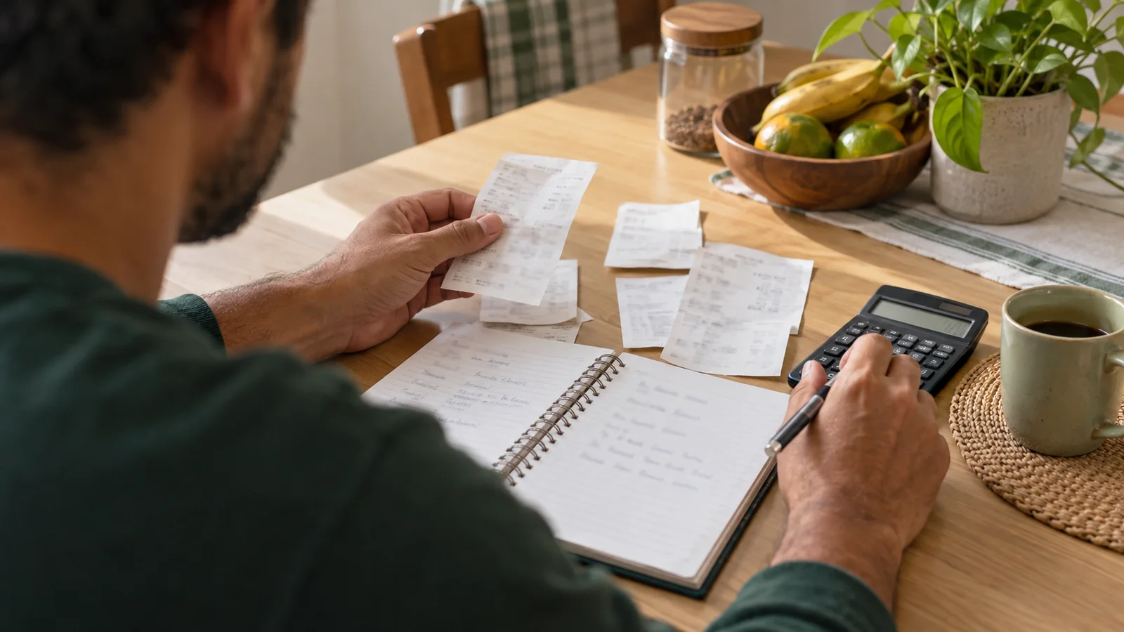 Homem conferindo comprovantes de compras com uma calculadora e um caderno de orçamento sobre a mesa.
