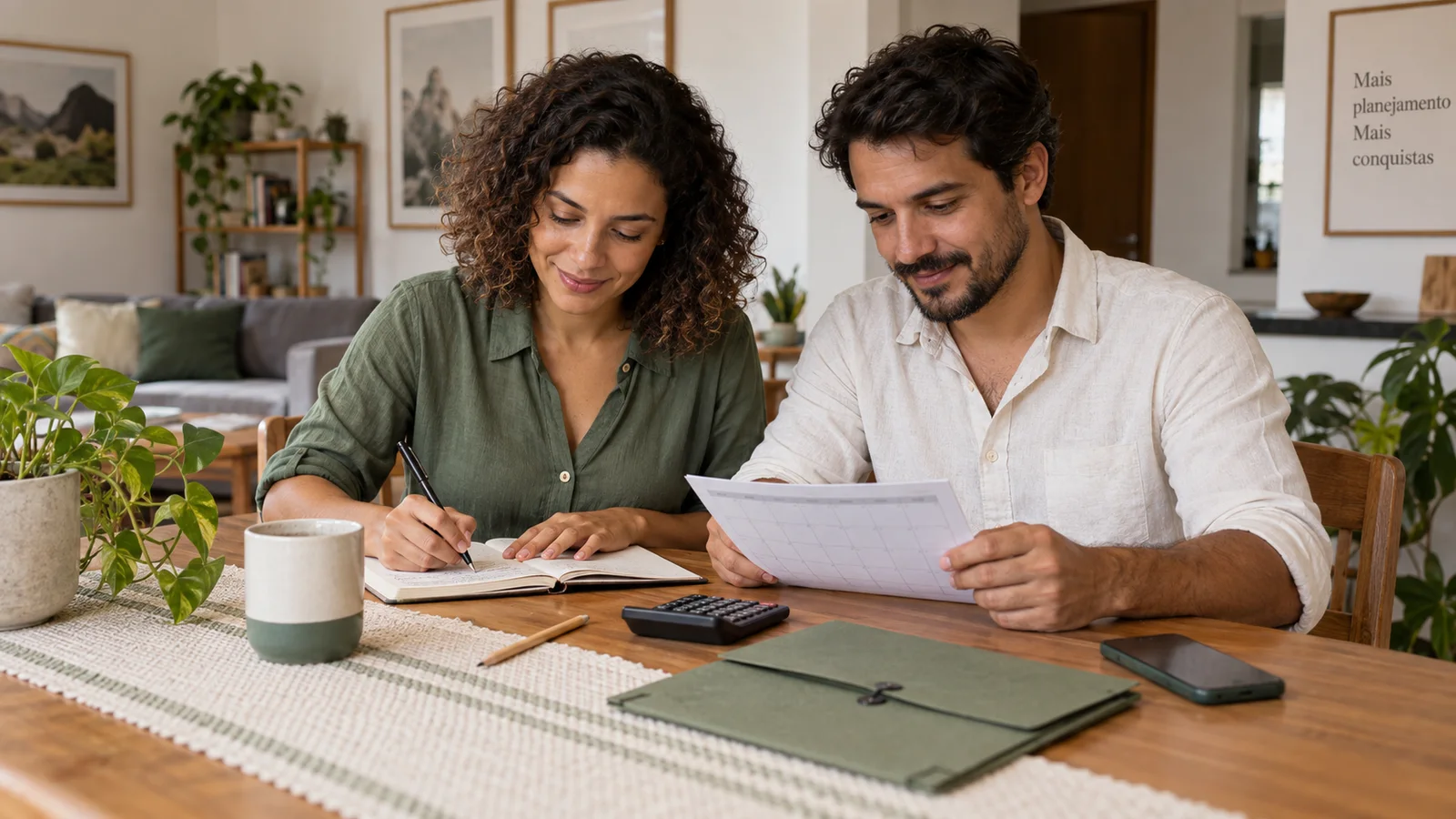Casal planejando o orçamento mensal com um caderno, um calendário e uma calculadora.