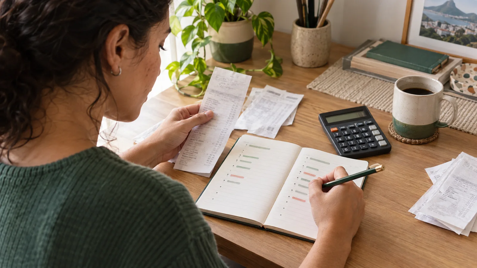 Mulher comparando comprovantes de compras com anotações do orçamento em um caderno.