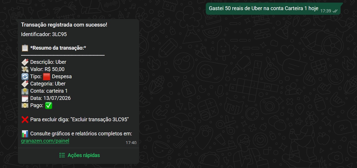 Registro de uma despesa pelo WhatsApp com a inteligência artificial do GranaZen.