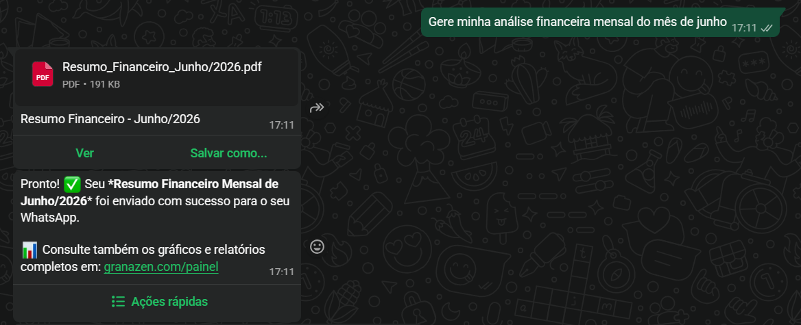 GranaZen enviando pelo WhatsApp um relatório financeiro mensal em PDF.