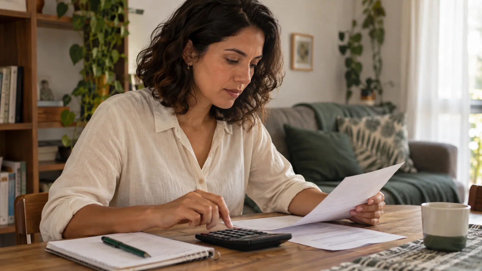 Mulher comparando documentos e anotações de gastos com uma calculadora à mesa.