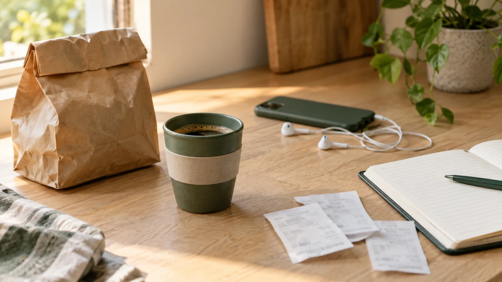 Café, embalagem de comida para viagem, celular e comprovantes de compras ao lado de um caderno.