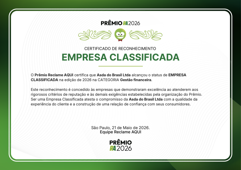 Certificado de reconhecimento de Empresa Classificada do Prêmio Reclame AQUI 2026 para Asda do Brasil Ltda, categoria Gestão financeira.